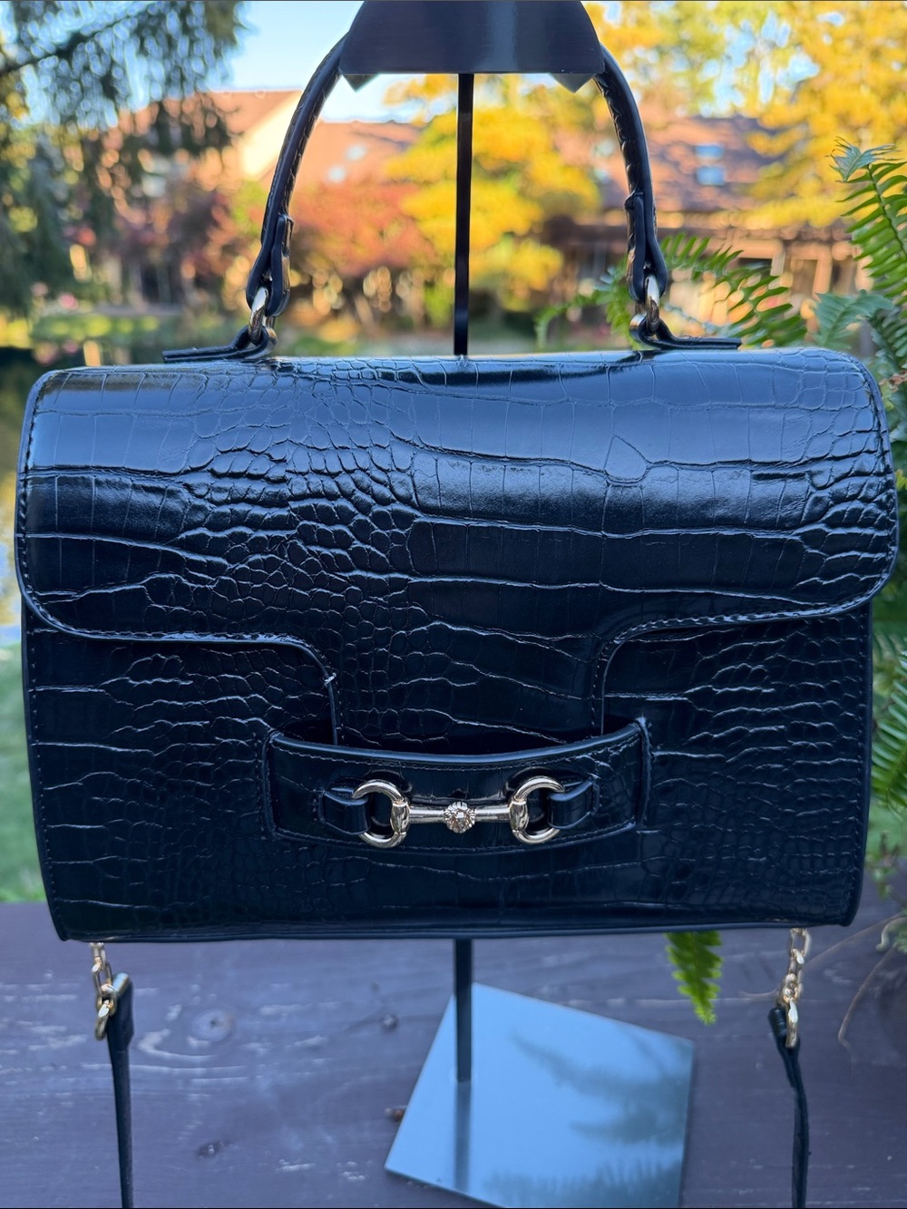 Anne Klein Black Croc-Embossed Top-Handle Shoulder Bag with Gold Hardware